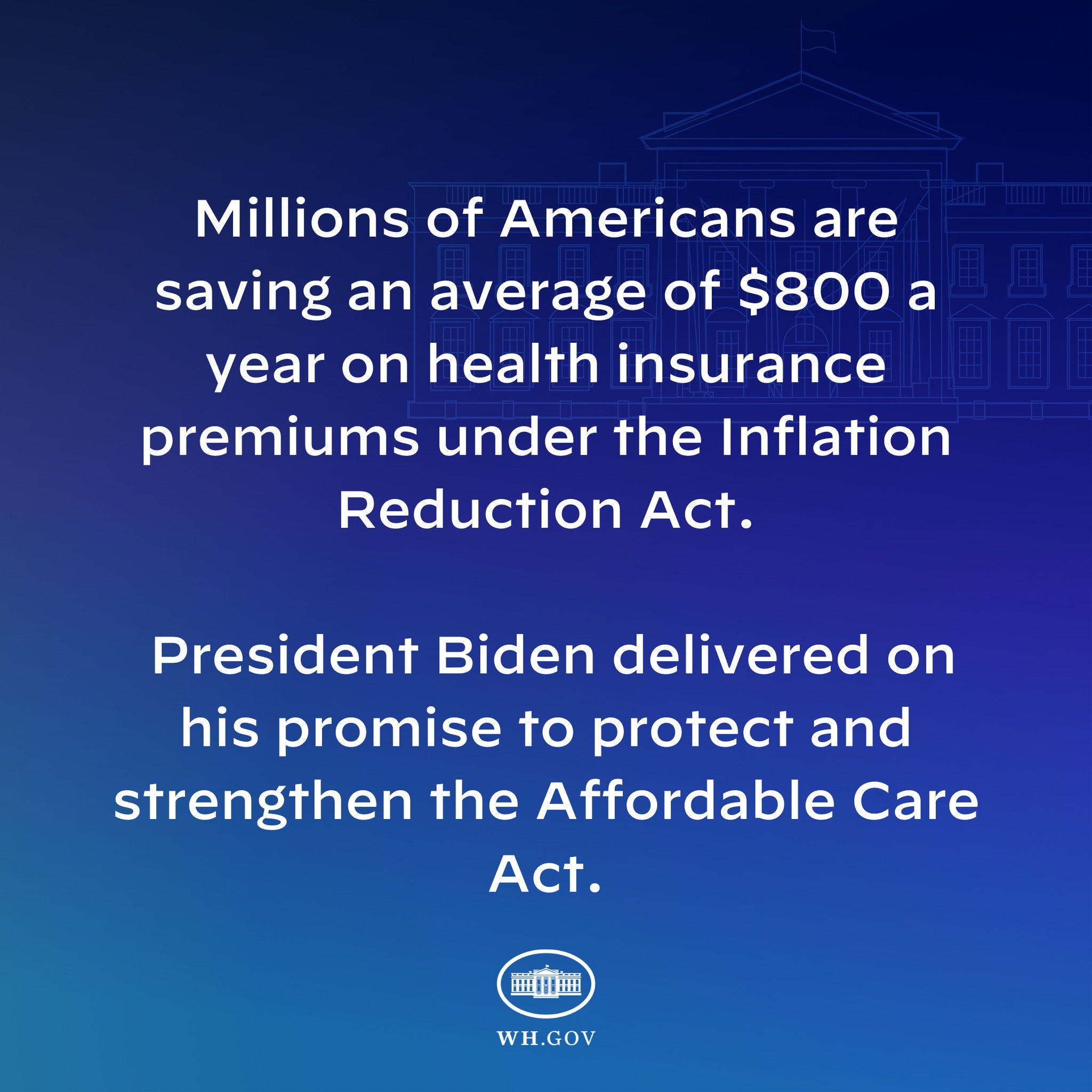 Blauer Hintergrund mit weißer Schrift, die besagt: "Millionen von Amerikanern sparen durchschnittlich 800 Dollar im Jahr bei den Krankenversicherungsprämien thanks to the Inflation Reduction Act" in der Mitte des Bildes, begleitet von einem Logo.
