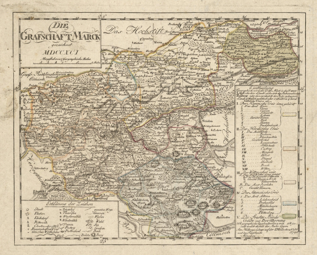 Ein detaillierter alter Stadtplan von München, Deutschland, mit Straßen, Parks und Sehenswürdigkeiten, der mit feinen Straßen, Flüssen und Bergen gefüllt ist und von einem dekorativen Rand in Blau, Grün und Gelb umgeben ist.
