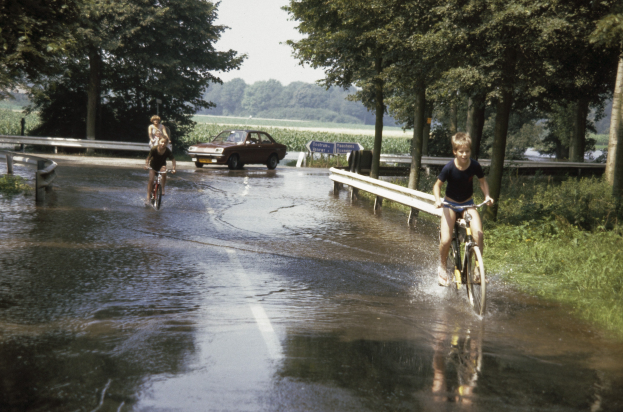 Eine Gruppe von Menschen, die auf Fahrrädern eine überflutete Straße hinunterfahren, mit einem daneben fahrenden Auto, gesäumt von einem Geländer und umgeben von Bäumen und Pflanzen, unter einem klaren blauen Himmel.
