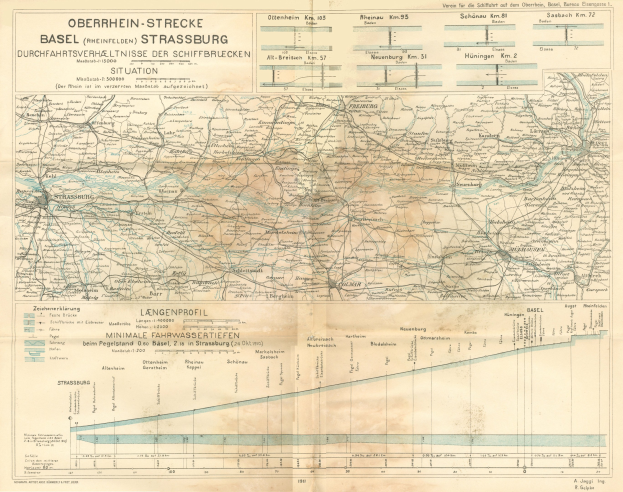 Alte Karte des Basel-Strasburg-Gebiets in Deutschland, die das Ausmaß der Bahnstrecke mit Text und Linien hervorhebt.