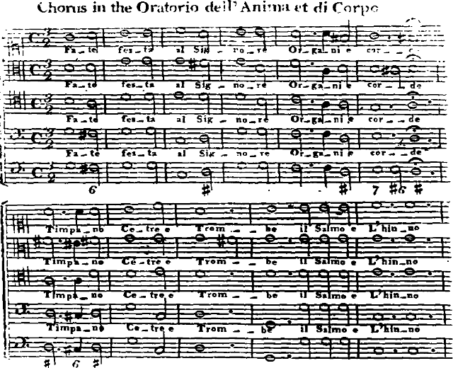Eine Seite aus einem Buch, die ein schwarz-weißes Notenblatt mit der Aufschrift "Chorus im Oratorium dell'Anima et di Corpo" zeigt, gefüllt mit Noten und Symbolen.