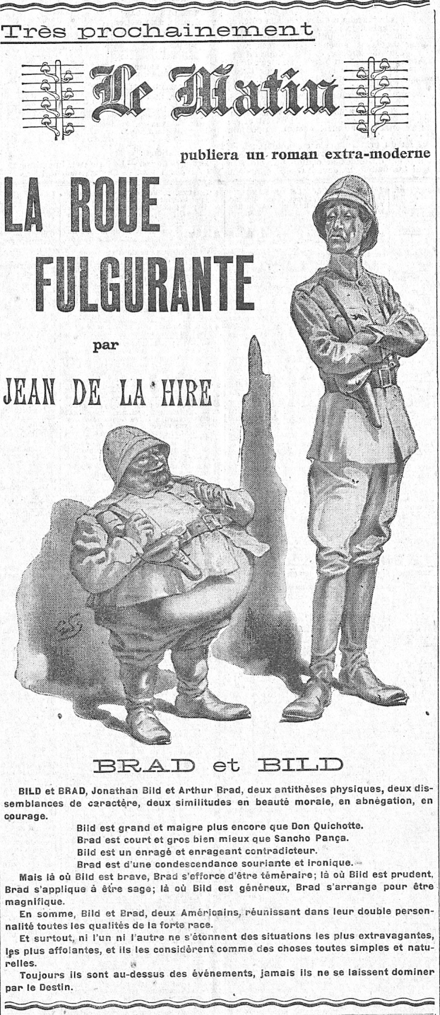 Black-and-white newspaper advertisement showing a uniformed soldier in a helmet and long coat standing beside a man holding a rifle, both with determined expressions.