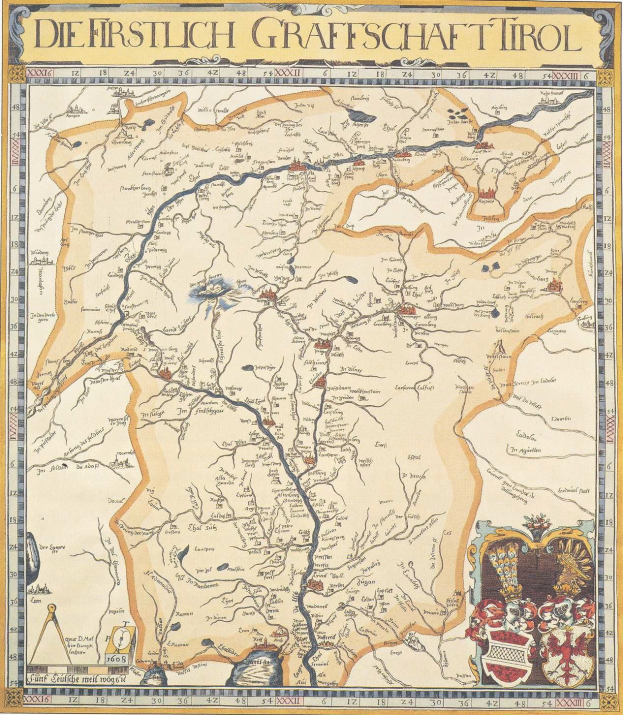Plakat einer historischen Karte der ersten Grafschaft Tirol, das geografische Merkmale wie Flüsse, Berge und Städte zeigt, mit begleitendem Text über die Region und ihre Einwohner.