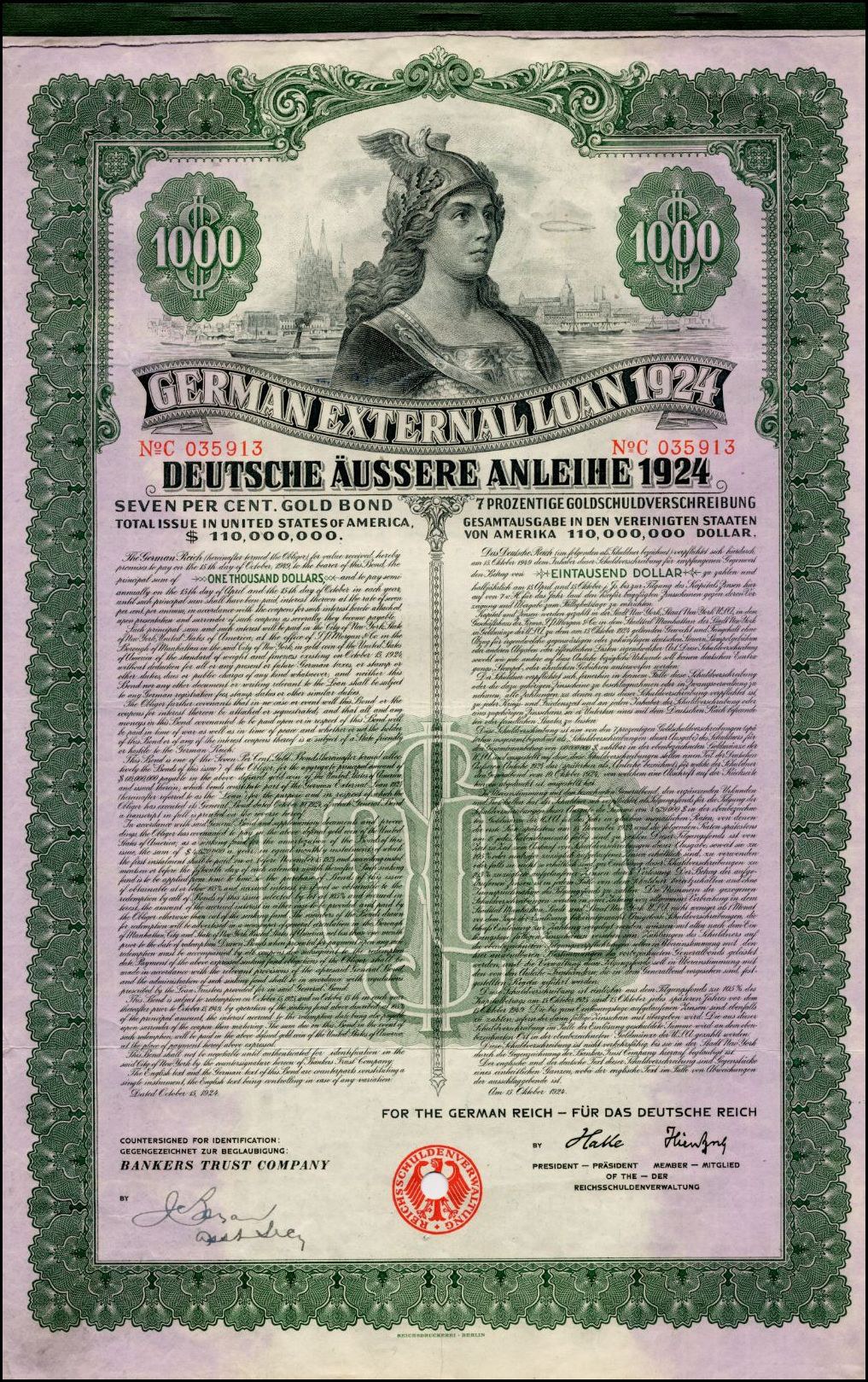 Altes deutsches Auslandsschuldokument aus dem Jahr 1924 mit einem Porträt einer Frau, bedruckt mit Text und numerischen Wertangaben.