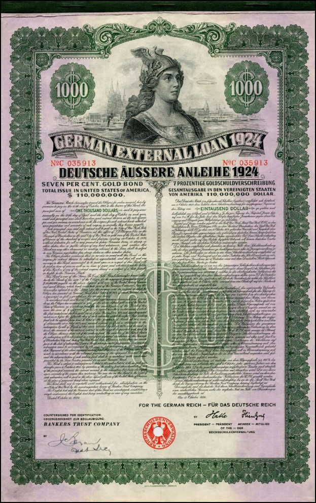 Altes deutsches Auslandsschuldokument aus dem Jahr 1924 mit einem Porträt einer Frau, bedruckt mit Text und numerischen Wertangaben.