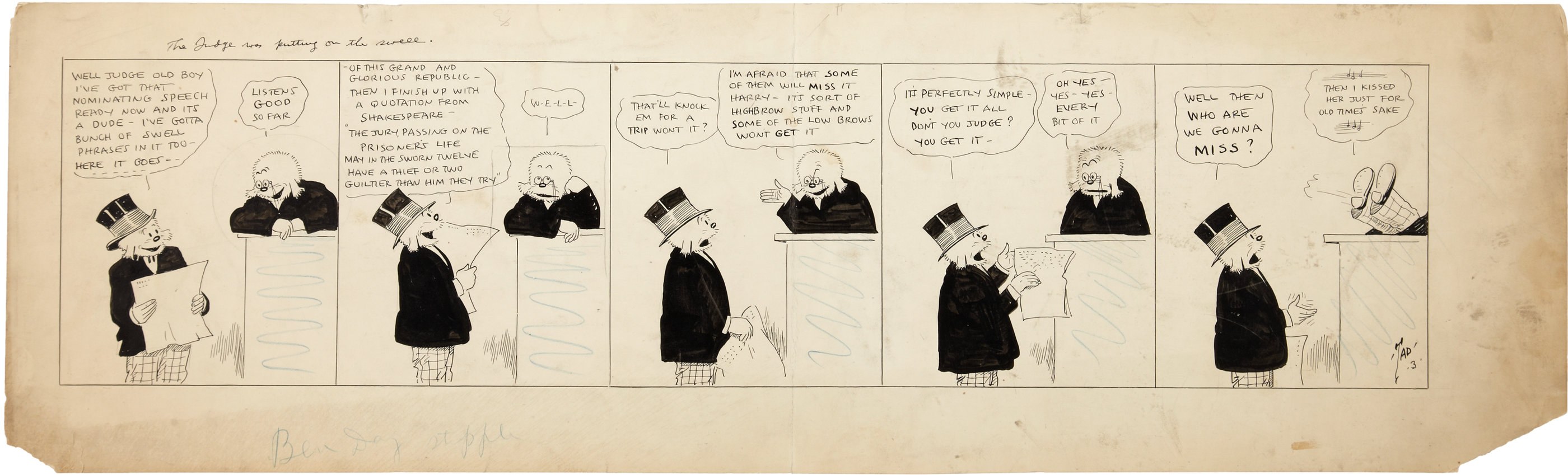 Ein Comic-Strip-Panel mit einem Mann in Zylinder und einer Frau in einem Kleid, die in eine Diskussion vertieft sind, wobei der Mann ein Blatt Papier hält.