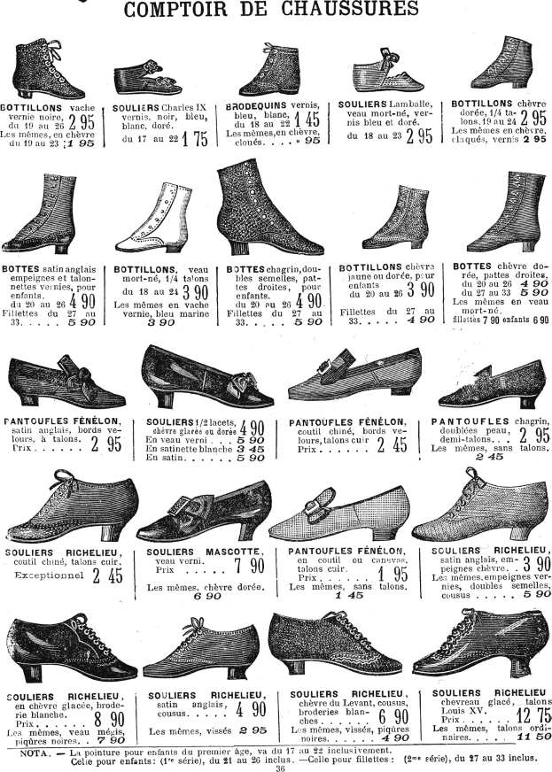 Eine Seite aus einem Buch, die verschiedene Damenschuhe mit einzigartigen Designs, Preisschildern und detaillierten Beschreibungen der Größe, Form und Farbe zeigt, die ordentlich angeordnet sind.